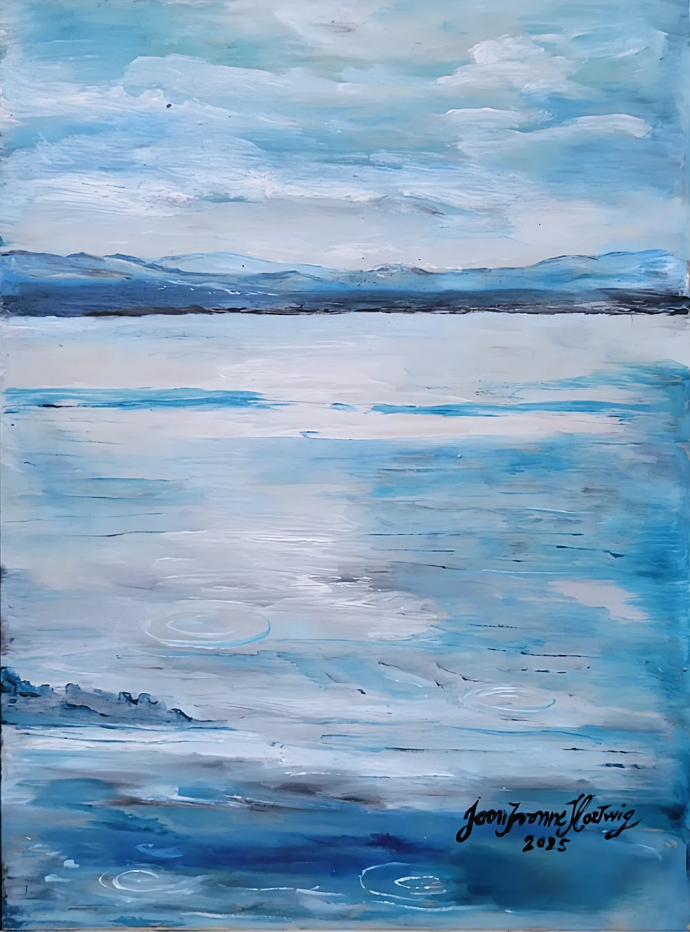 Obra original de los lagos cordilleranos que inspira el packaging, pintada por una artista misionera